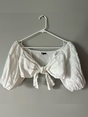 Zara White Tie-Front 100% Linen Boho Puff Sleeve Crop Top